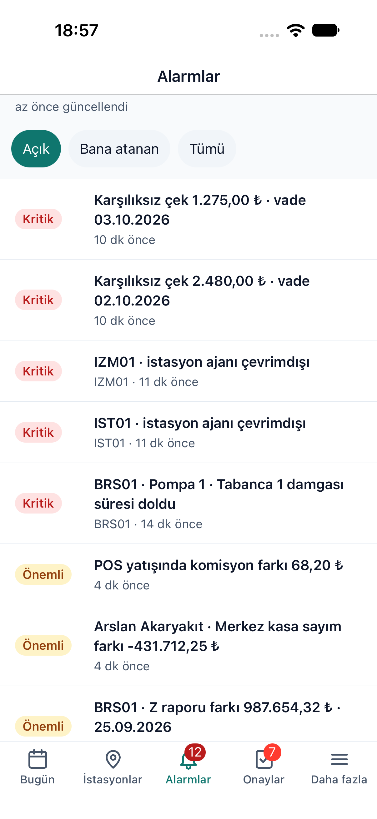Mobil uygulamada alarm listesi