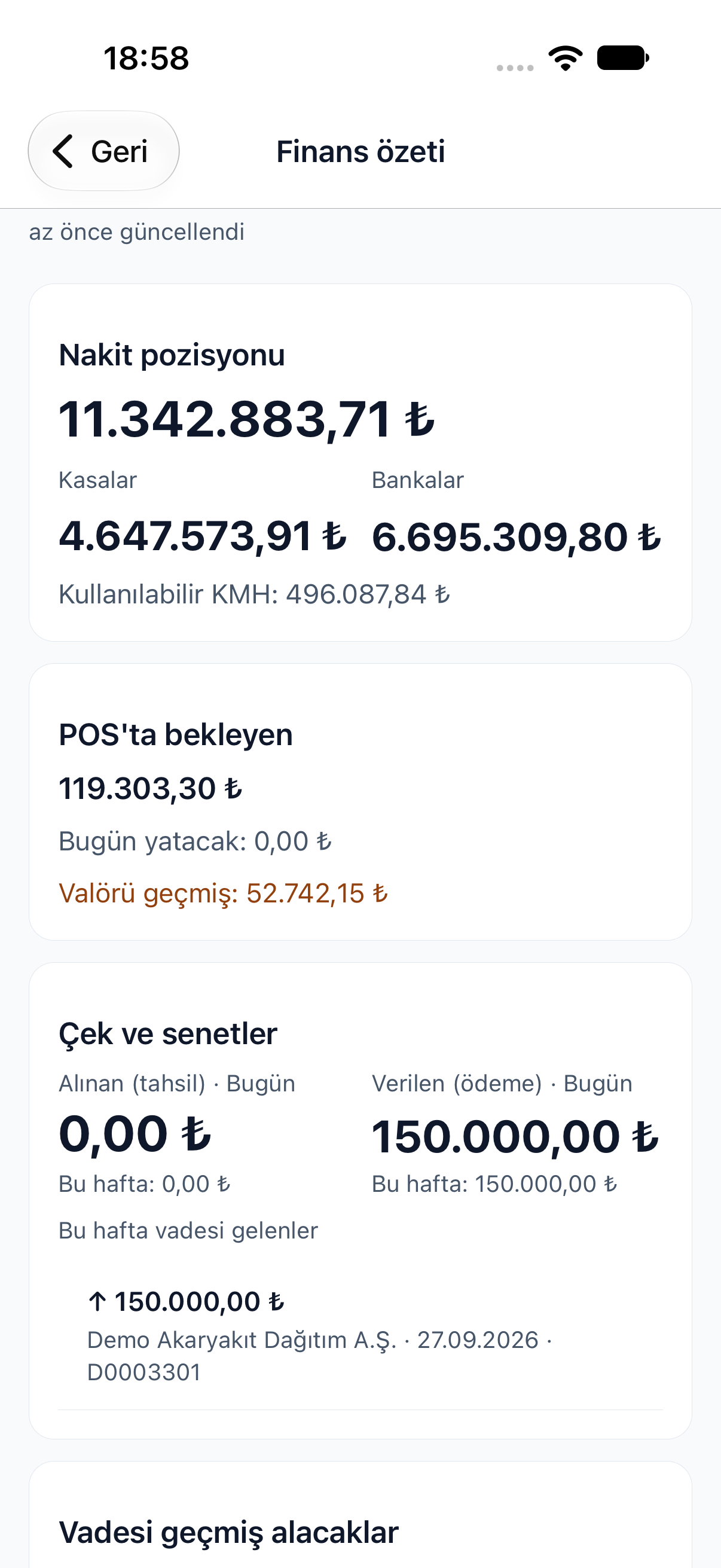 Mobil uygulamada finans özeti