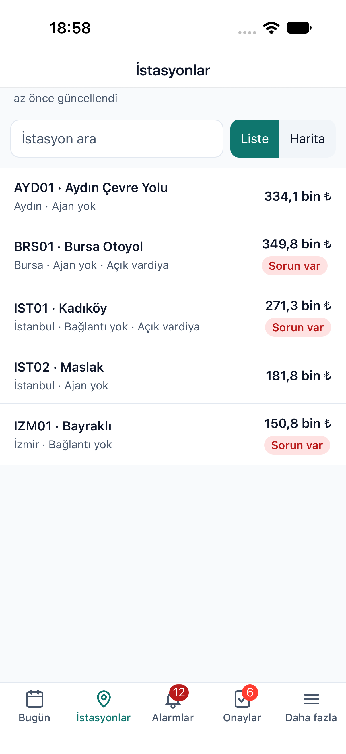 Mobil uygulamada istasyon listesi